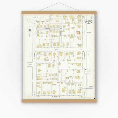 Old map wall art mockup — magnetic wood frame on white wall — Sanborn Fire Insurance Map from Hillsboro, Hill County, Texas (1911), Sheet #0006