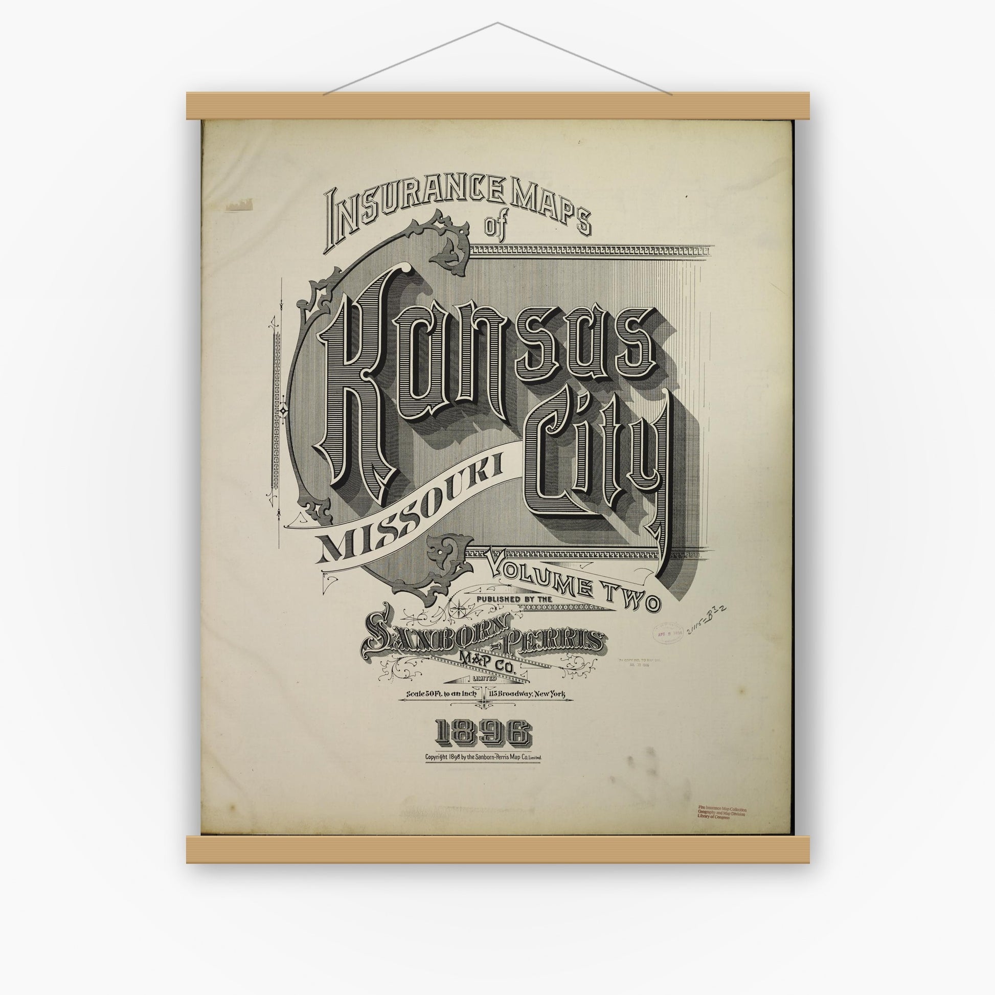 Old map wall art mockup — magnetic wood frame on white wall — Sanborn Fire Insurance Map from Kansas City, Jackson, Clay, And Platte Counties, Missouri (1896) - Complete Map Set