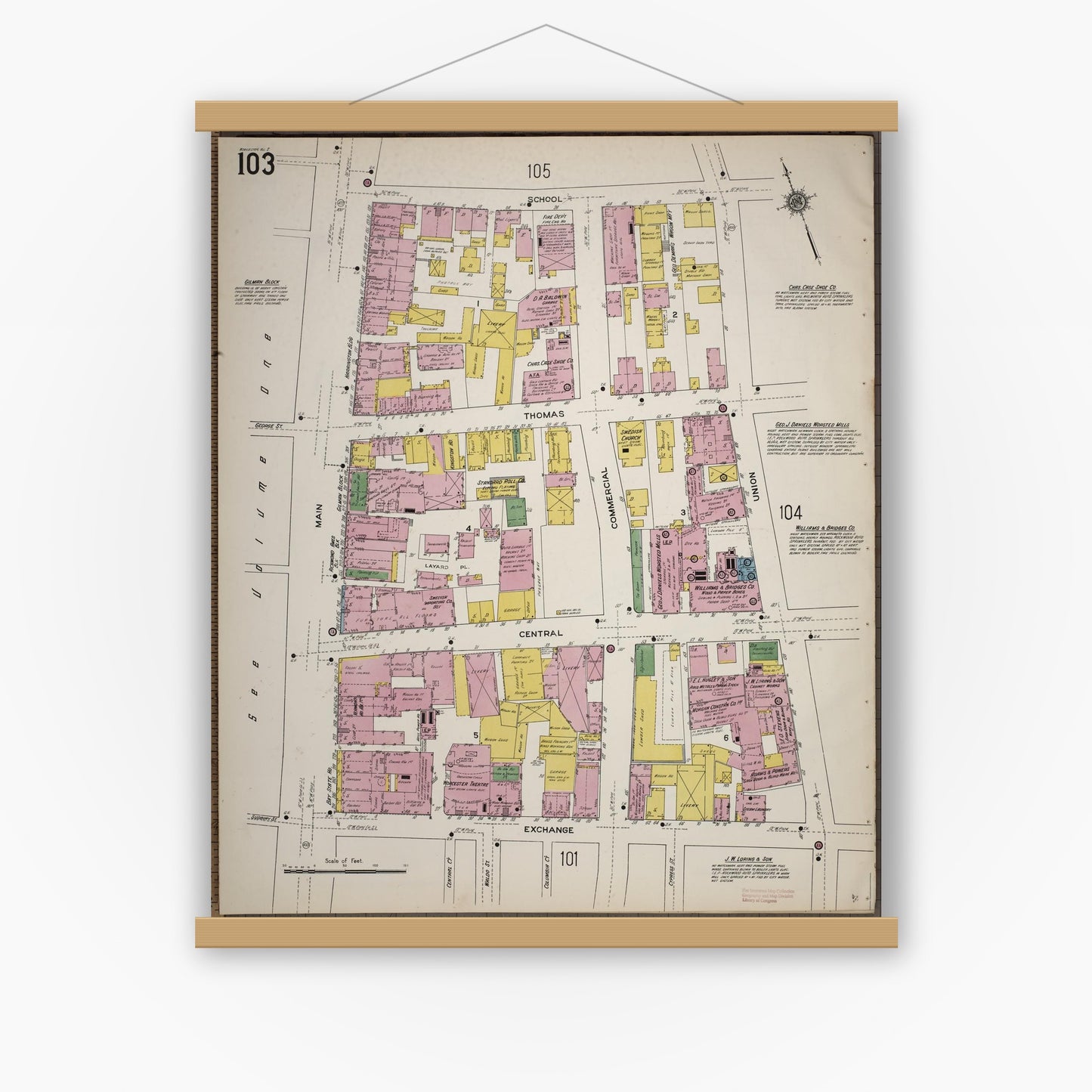 Old map wall art mockup — magnetic wood frame on white wall — Sanborn Fire Insurance Map from Worcester, Worcester County, Massachusetts (1910), Sheet #0103