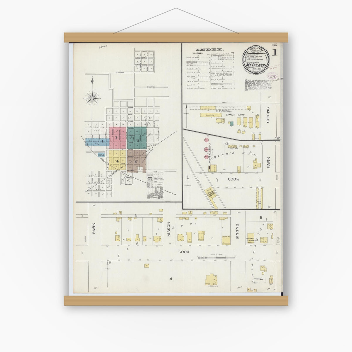 Old map wall art mockup — magnetic wood frame on white wall — Sanborn Fire Insurance Map from Mount Pulaski, Logan County, Illinois (1893), Sheet #0001