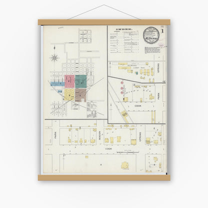 Old map wall art mockup — magnetic wood frame on white wall — Sanborn Fire Insurance Map from Mount Pulaski, Logan County, Illinois (1893), Sheet #0001