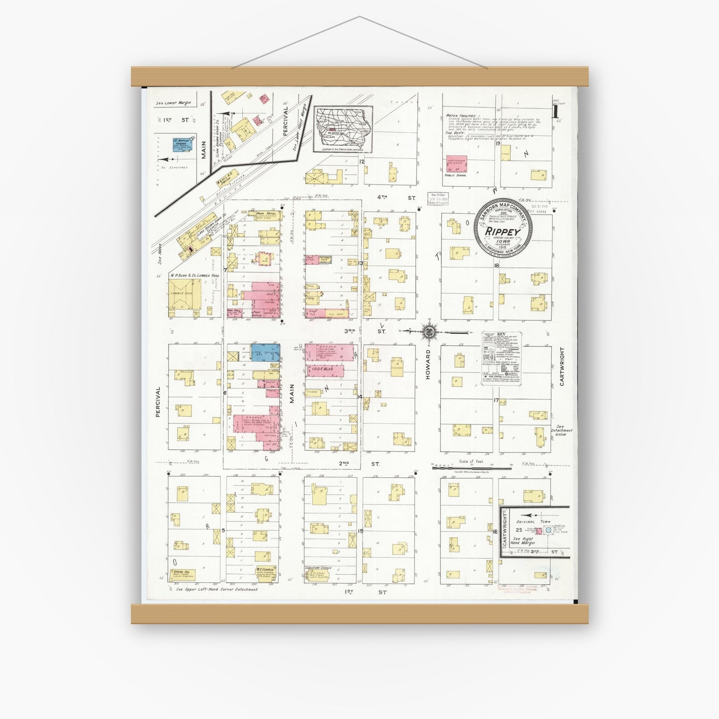 Old map wall art mockup — magnetic wood frame on white wall — Sanborn Fire Insurance Map from Rippey, Greene County, Iowa (1918), Sheet #0001