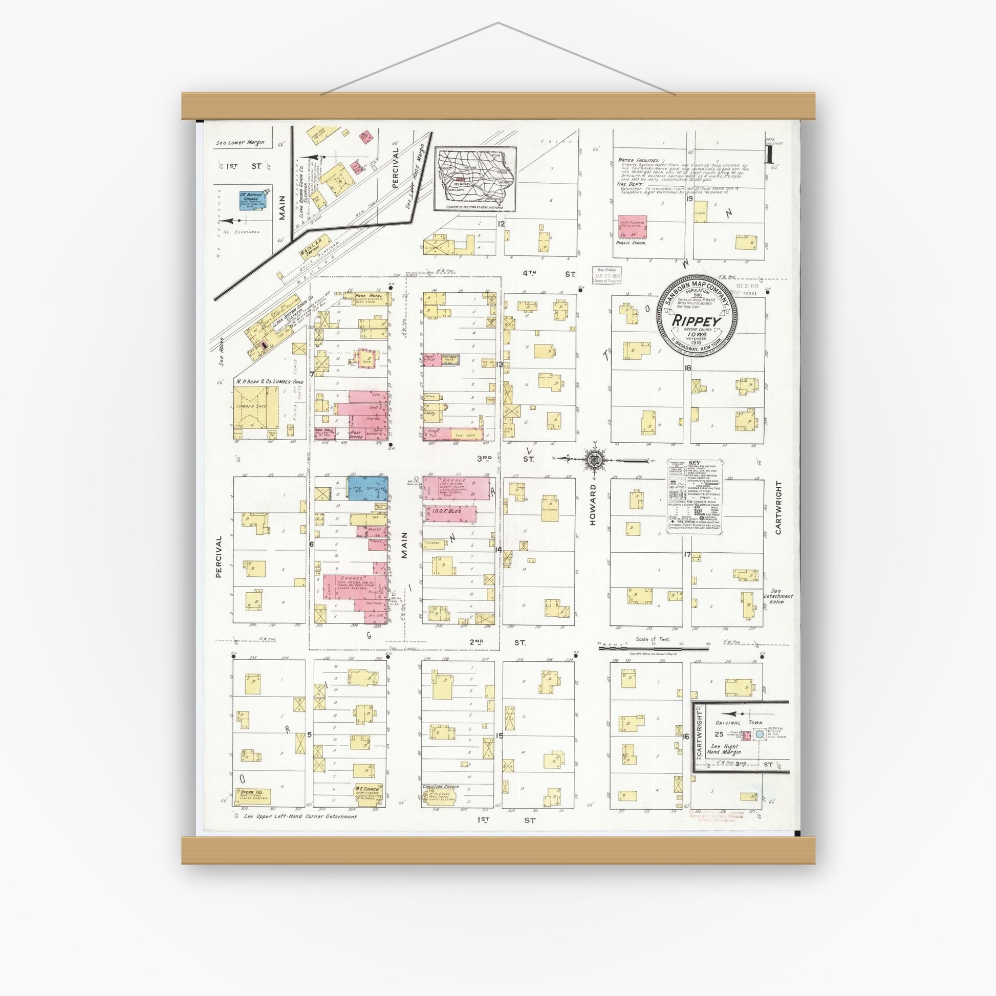 Old map wall art mockup — magnetic wood frame on white wall — Sanborn Fire Insurance Map from Rippey, Greene County, Iowa (1918), Sheet #0001