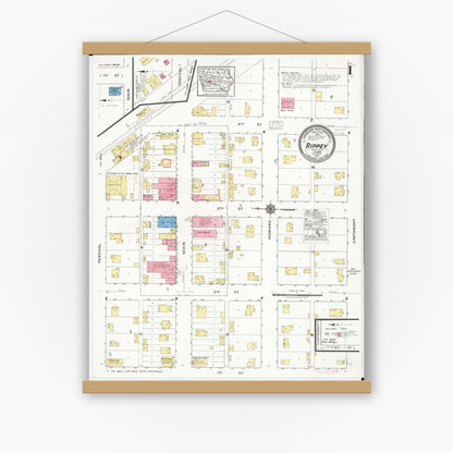 Old map wall art mockup — magnetic wood frame on white wall — Sanborn Fire Insurance Map from Rippey, Greene County, Iowa (1918), Sheet #0001