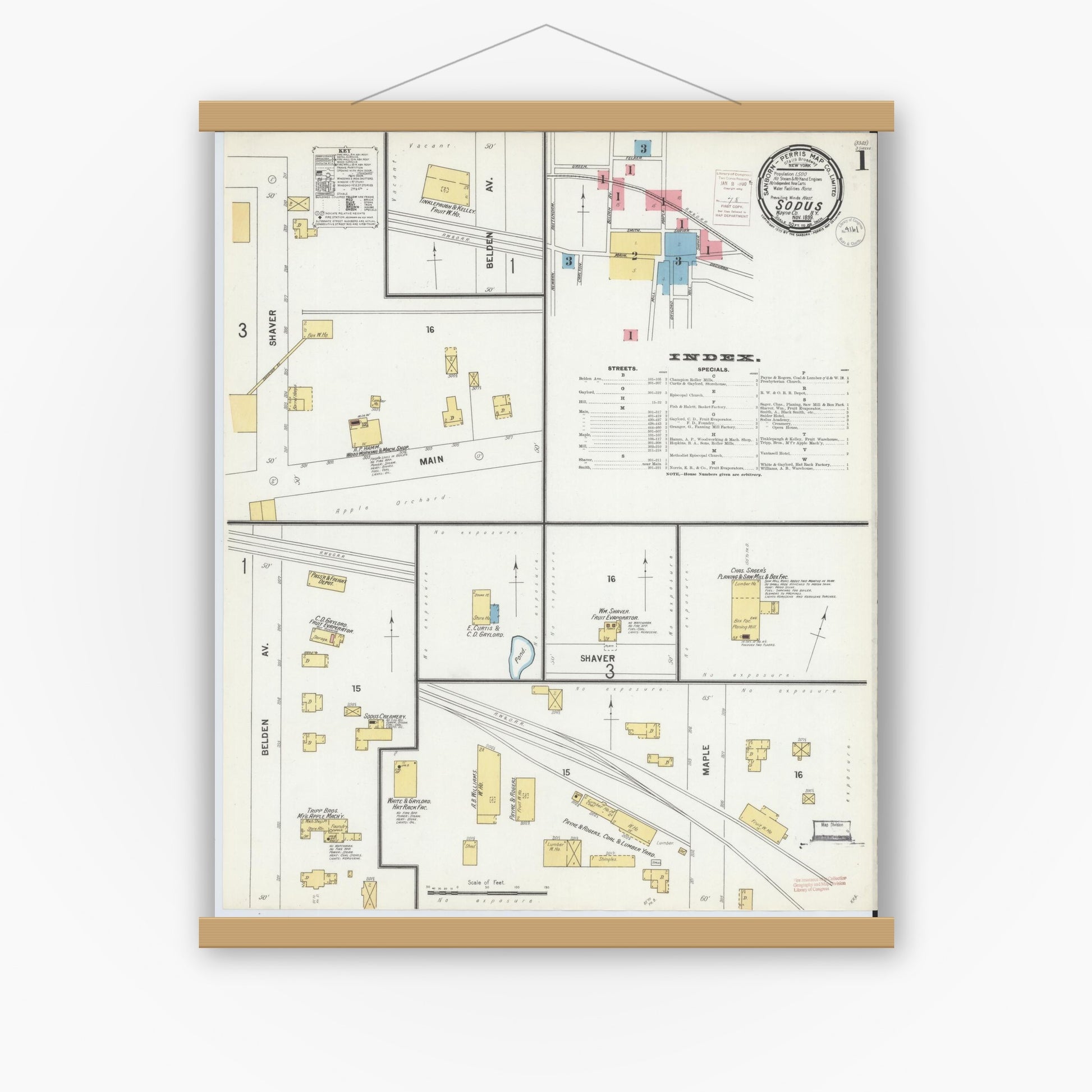 Old map wall art mockup — magnetic wood frame on white wall — Sanborn Fire Insurance Map from Sodus, Wayne County, New York (1899), Sheet #0001