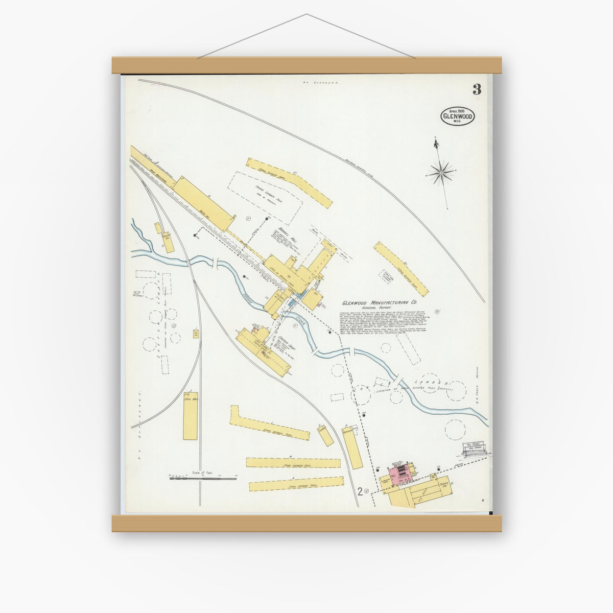 Old map wall art mockup — magnetic wood frame on white wall — Sanborn Fire Insurance Map from Glenwood City, St. Croix County, Wisconsin (1900), Sheet #0003