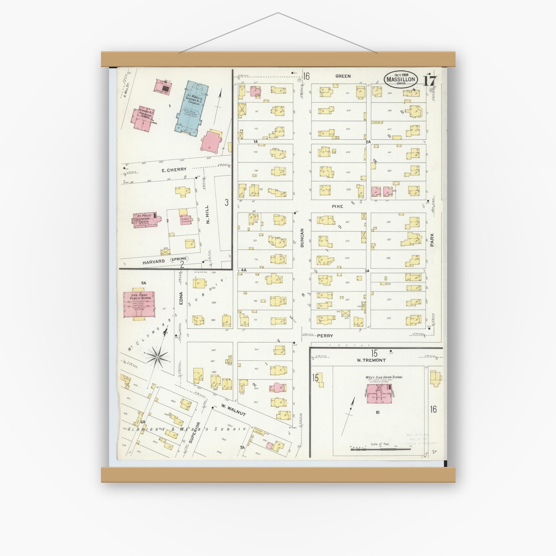 Old map wall art mockup — magnetic wood frame on white wall — Sanborn Fire Insurance Map from Massillon, Stark County, Ohio (1908), Sheet #0017