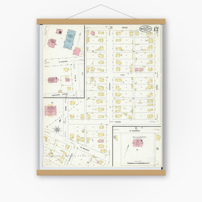 Old map wall art mockup — magnetic wood frame on white wall — Sanborn Fire Insurance Map from Massillon, Stark County, Ohio (1908), Sheet #0017