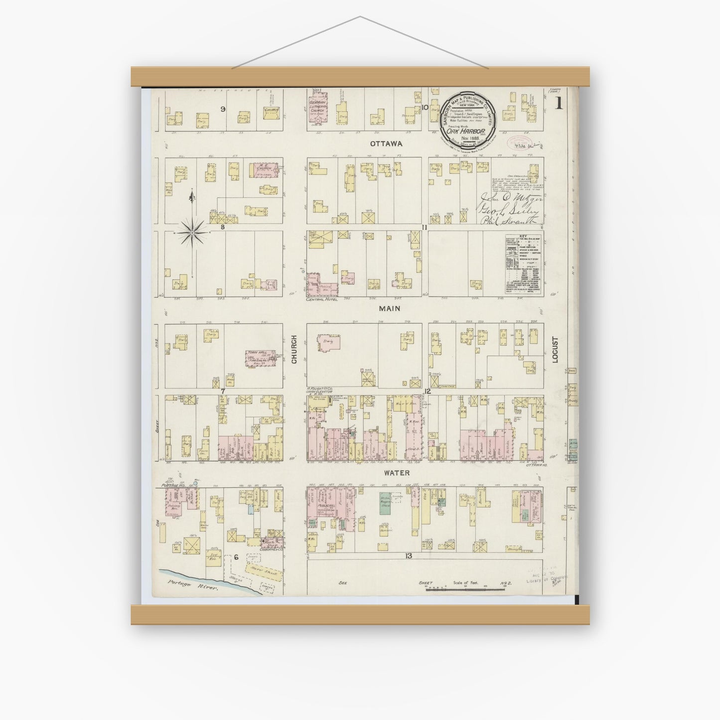 Old map wall art mockup — magnetic wood frame on white wall — Sanborn Fire Insurance Map from Oak Harbor, Ottawa County, Ohio (1888) - Complete Map Set