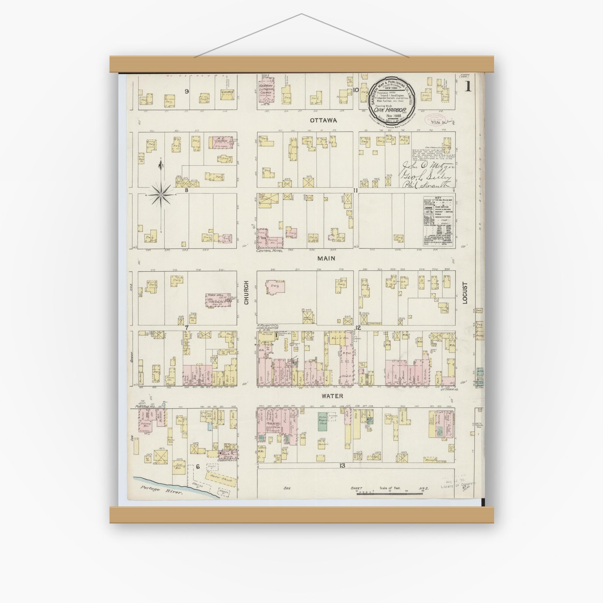 Old map wall art mockup — magnetic wood frame on white wall — Sanborn Fire Insurance Map from Oak Harbor, Ottawa County, Ohio (1888) - Complete Map Set
