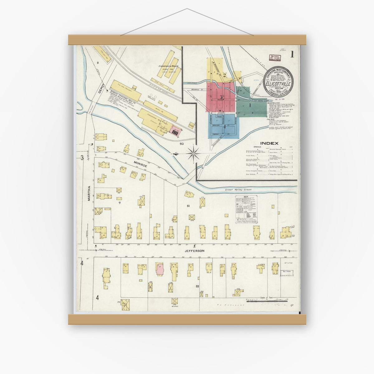 Old map wall art mockup — magnetic wood frame on white wall — Sanborn Fire Insurance Map from Ellicottville, Cattaraugus County, New York (1909) - Complete Map Set