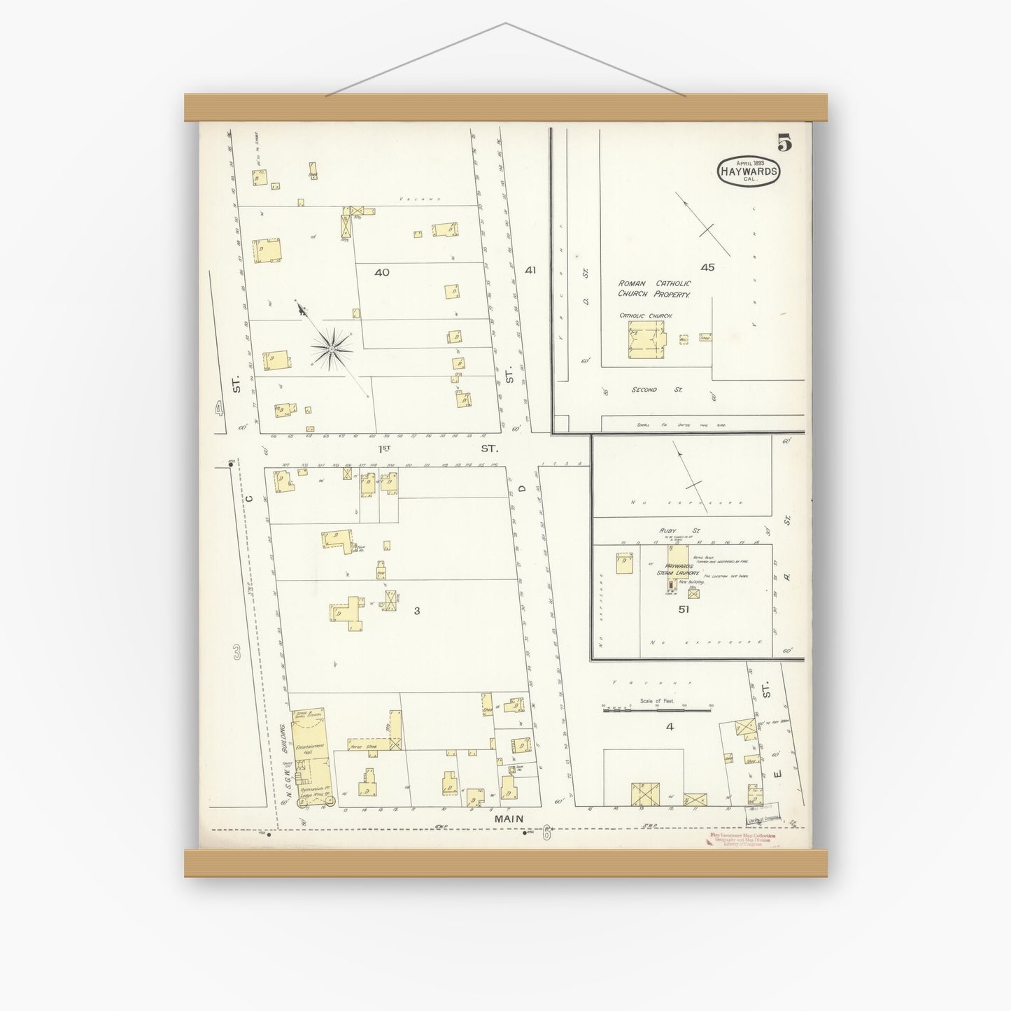 Old map wall art mockup — magnetic wood frame on white wall — Sanborn Fire Insurance Map from Hayward, Alameda County, California (1893), Sheet #0005