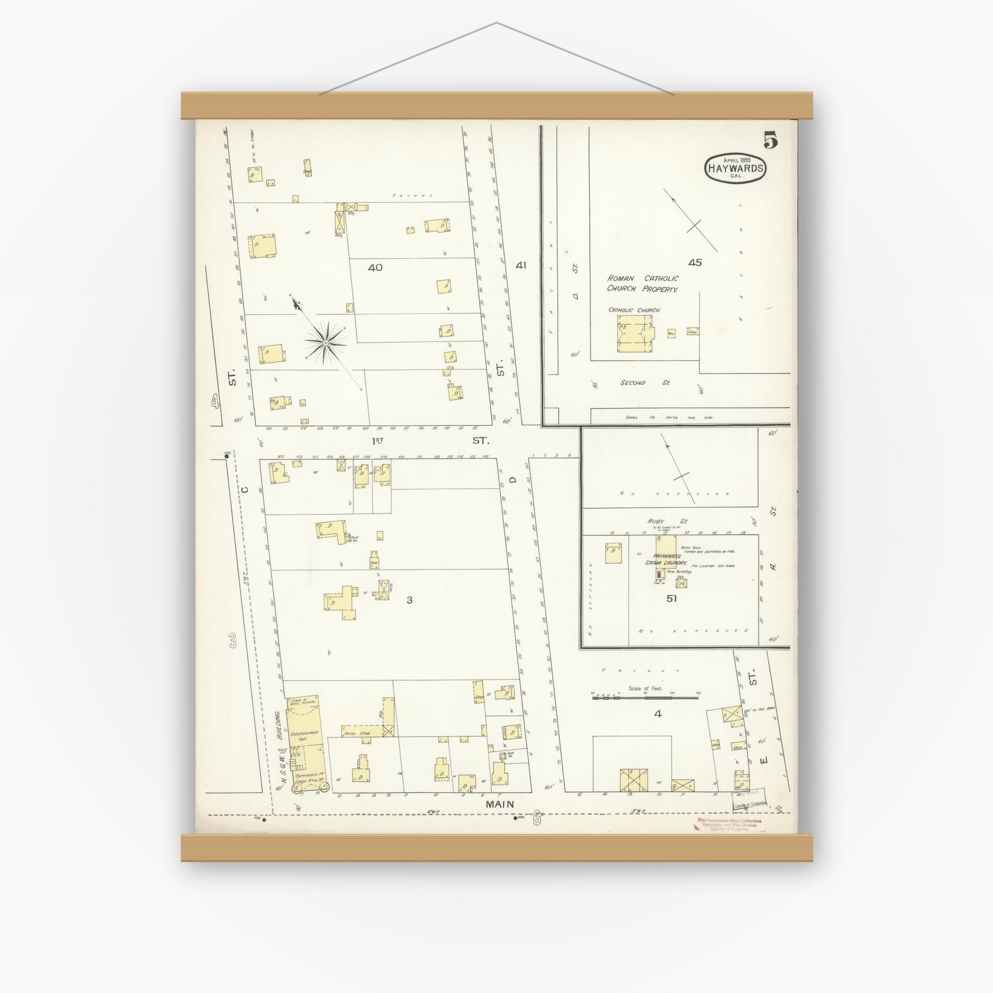 Old map wall art mockup — magnetic wood frame on white wall — Sanborn Fire Insurance Map from Hayward, Alameda County, California (1893), Sheet #0005