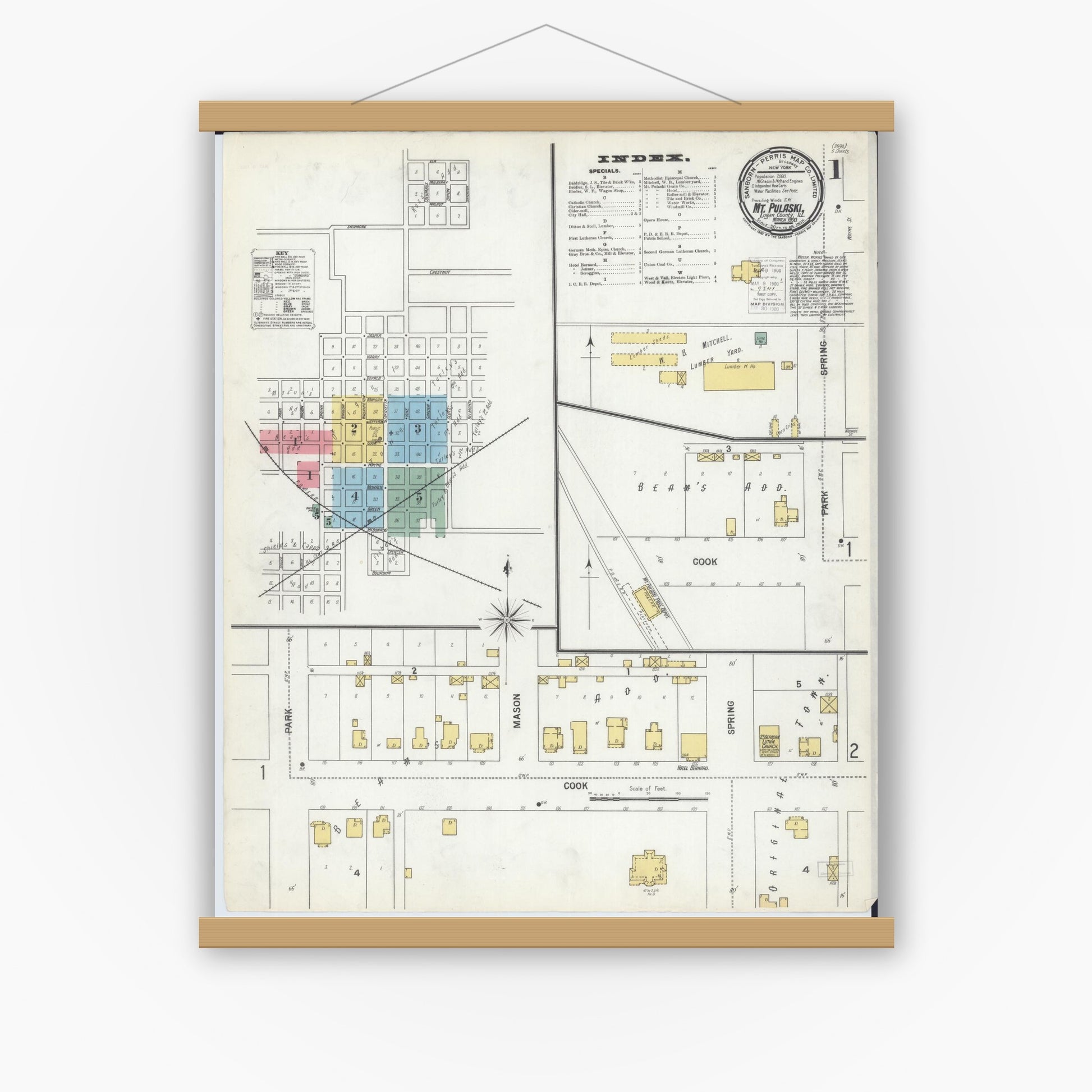 Old map wall art mockup — magnetic wood frame on white wall — Sanborn Fire Insurance Map from Mount Pulaski, Logan County, Illinois (1900) - Complete Map Set