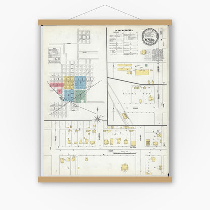 Old map wall art mockup — magnetic wood frame on white wall — Sanborn Fire Insurance Map from Mount Pulaski, Logan County, Illinois (1900) - Complete Map Set