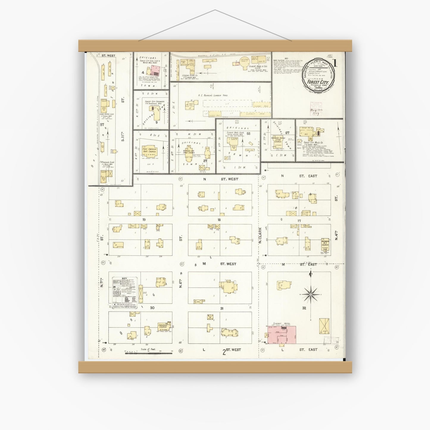 Old map wall art mockup — magnetic wood frame on white wall — Sanborn Fire Insurance Map from Forest City, Winnebago County, Iowa (1901) â€” Complete Set