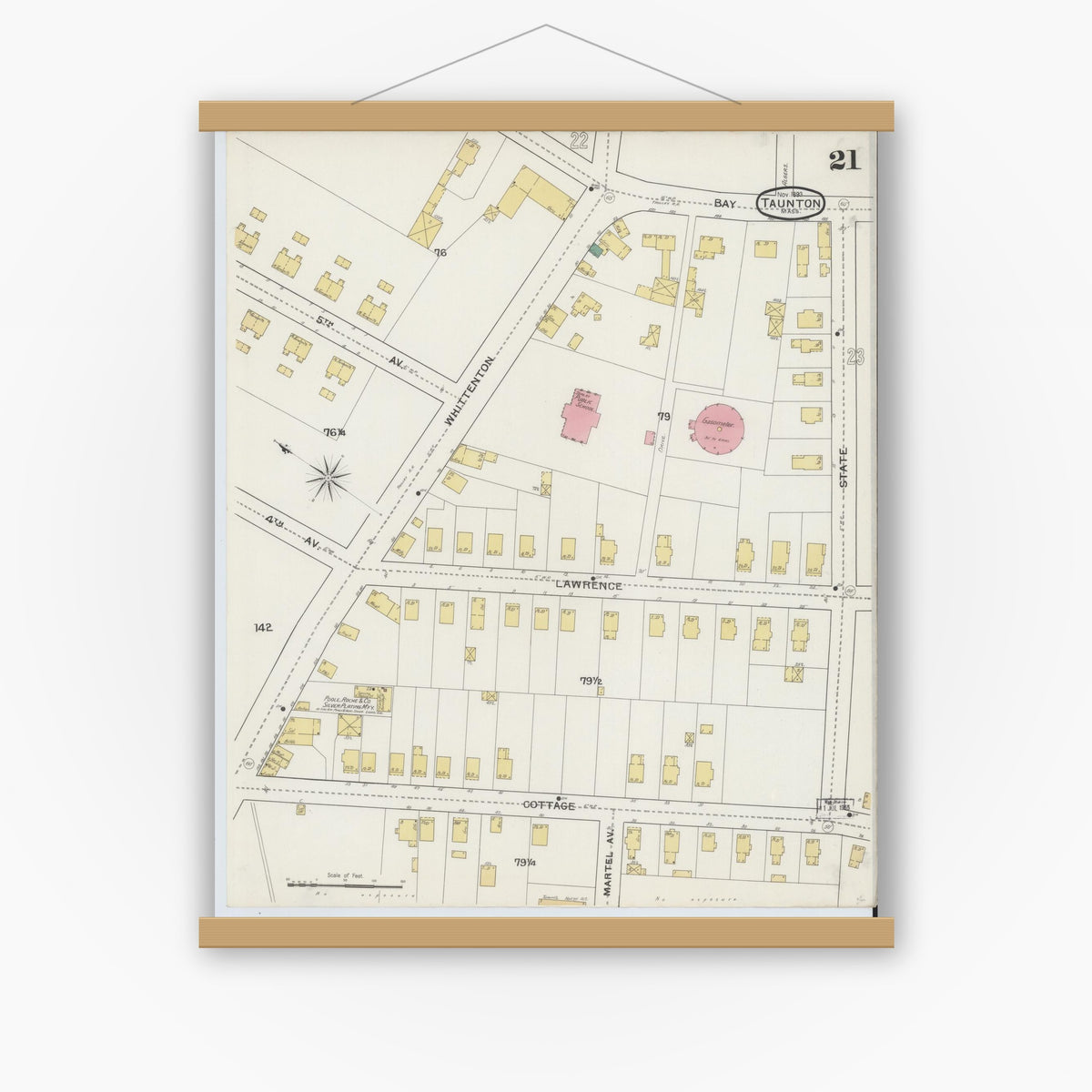 Old map wall art mockup — magnetic wood frame on white wall — Sanborn Fire Insurance Map from Taunton, Bristol County, Massachusetts (1893), Sheet #0021