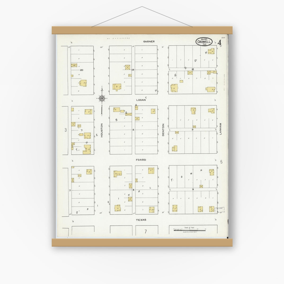 Old map wall art mockup — magnetic wood frame on white wall — Sanborn Fire Insurance Map from Crowell, Foard County, Texas (1921), Sheet #0004