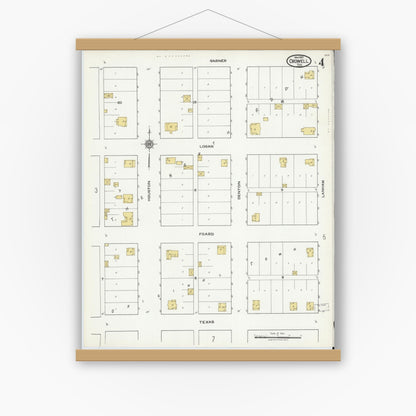 Old map wall art mockup — magnetic wood frame on white wall — Sanborn Fire Insurance Map from Crowell, Foard County, Texas (1921), Sheet #0004