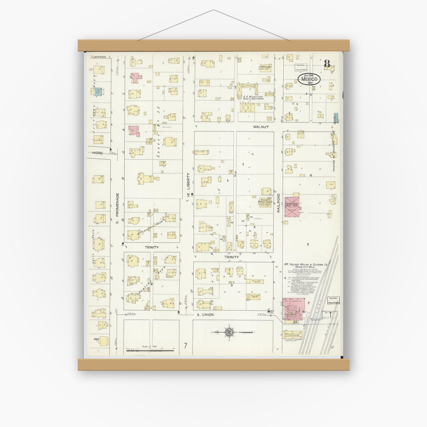 Old map wall art mockup — magnetic wood frame on white wall — Sanborn Fire Insurance Map from Mexico, Audrain County, Missouri (1914), Sheet #0008