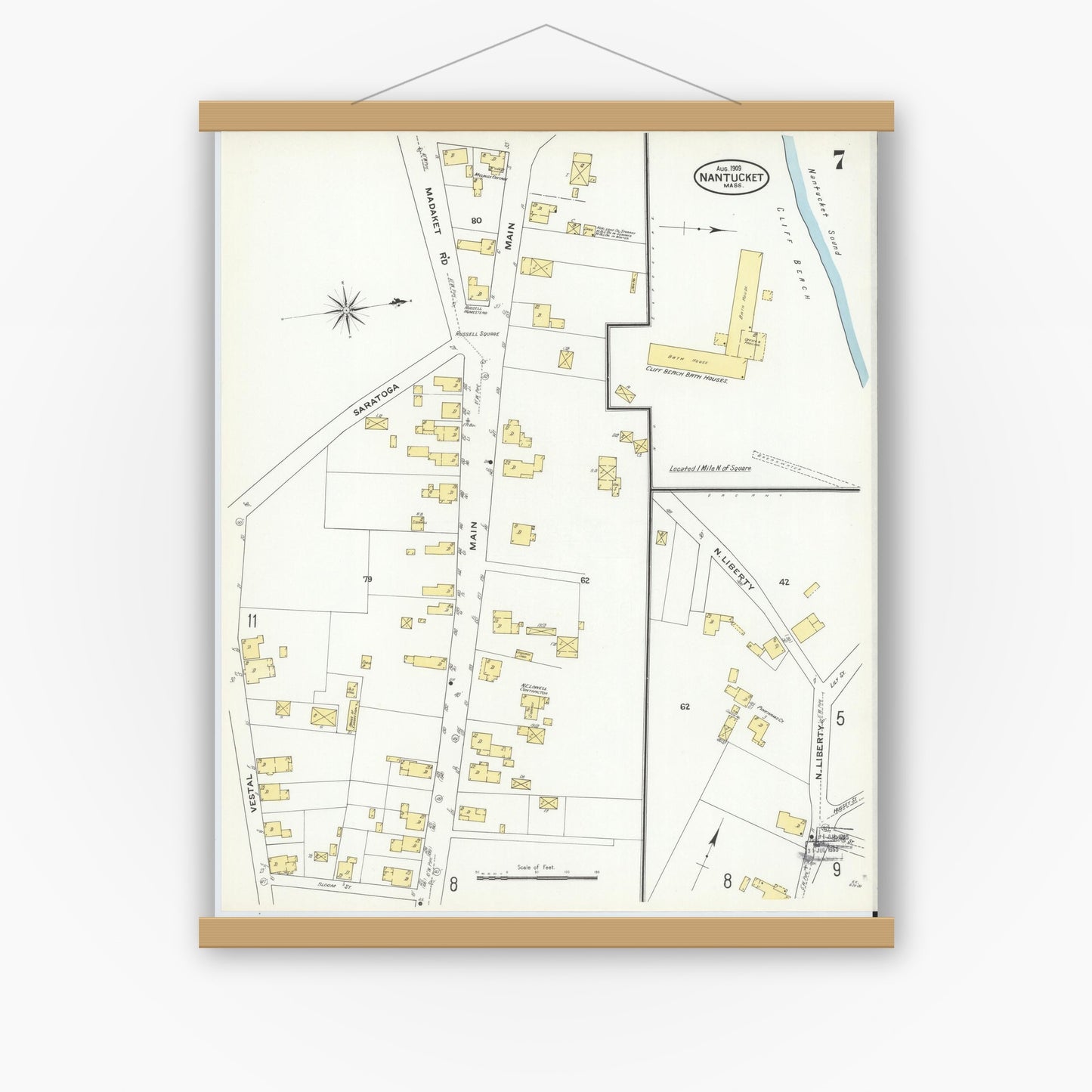 Old map wall art mockup — magnetic wood frame on white wall — Sanborn Fire Insurance Map from Nantucket, Nantucket County, Massachusetts (1909), Sheet #0007