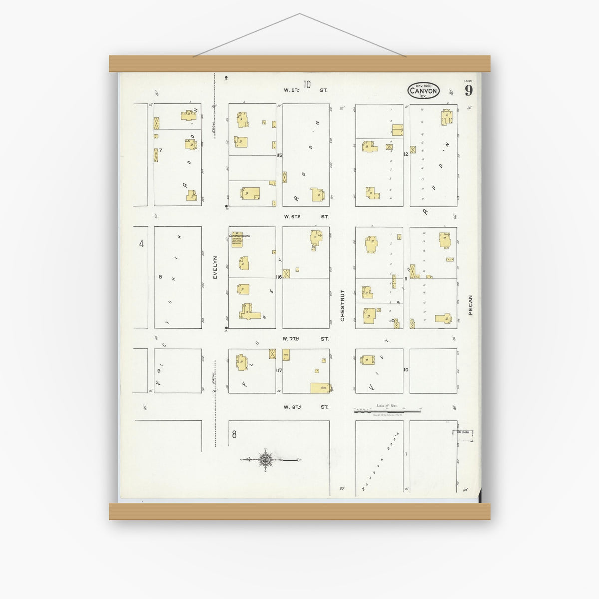 Old map wall art mockup — magnetic wood frame on white wall — Sanborn Fire Insurance Map from Canyon, Randall County, Texas (1920), Sheet #0009