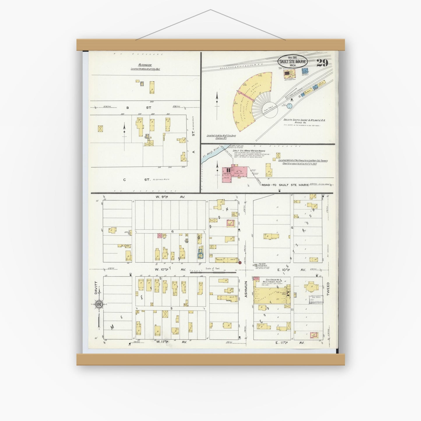 Old map wall art mockup — magnetic wood frame on white wall — Sanborn Fire Insurance Map from Sault Sainte Marie, Chippewa County, Michigan (1915), Sheet #0029