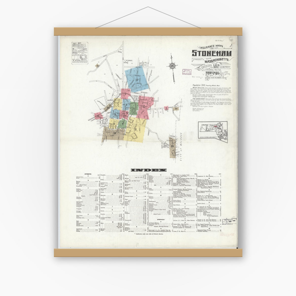Old map wall art mockup — magnetic wood frame on white wall — Sanborn Fire Insurance Map from Stoneham, Middlesex County, Massachusetts (1916), Sheet #0001