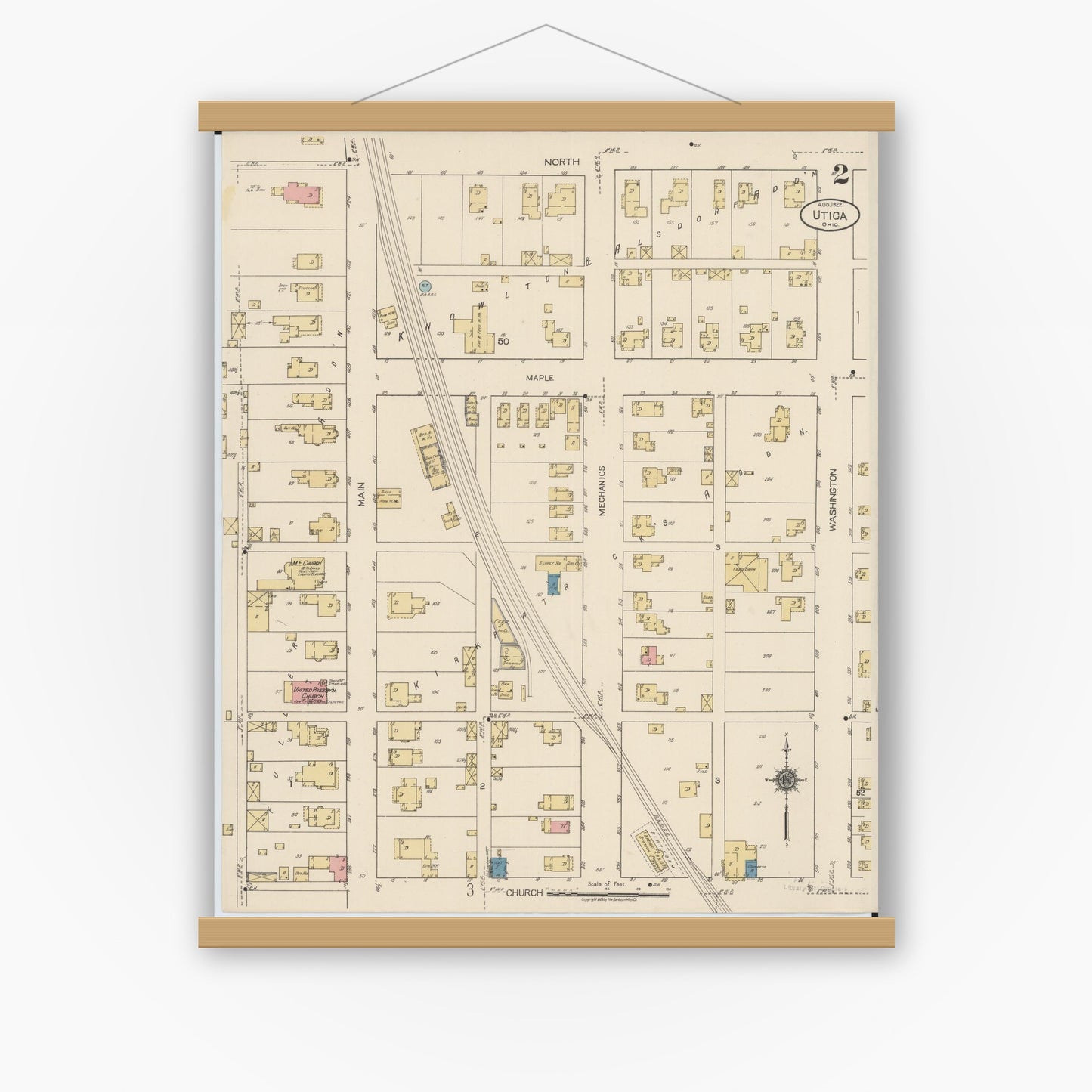 Old map wall art mockup — magnetic wood frame on white wall — Sanborn Fire Insurance Map from Utica, Licking County, Ohio (1922), Sheet #0002