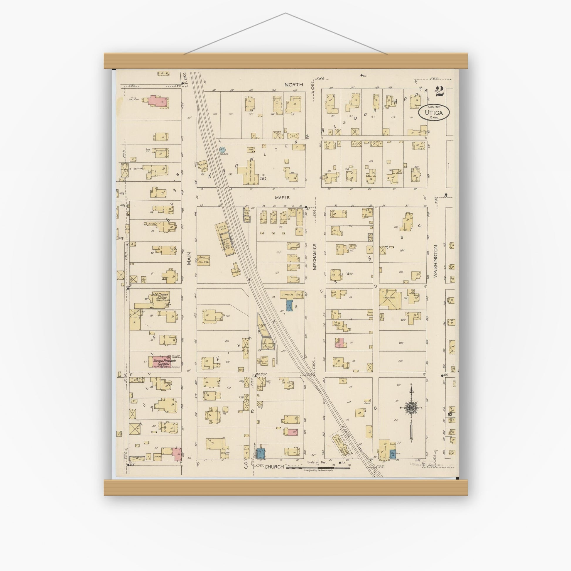 Old map wall art mockup — magnetic wood frame on white wall — Sanborn Fire Insurance Map from Utica, Licking County, Ohio (1922), Sheet #0002