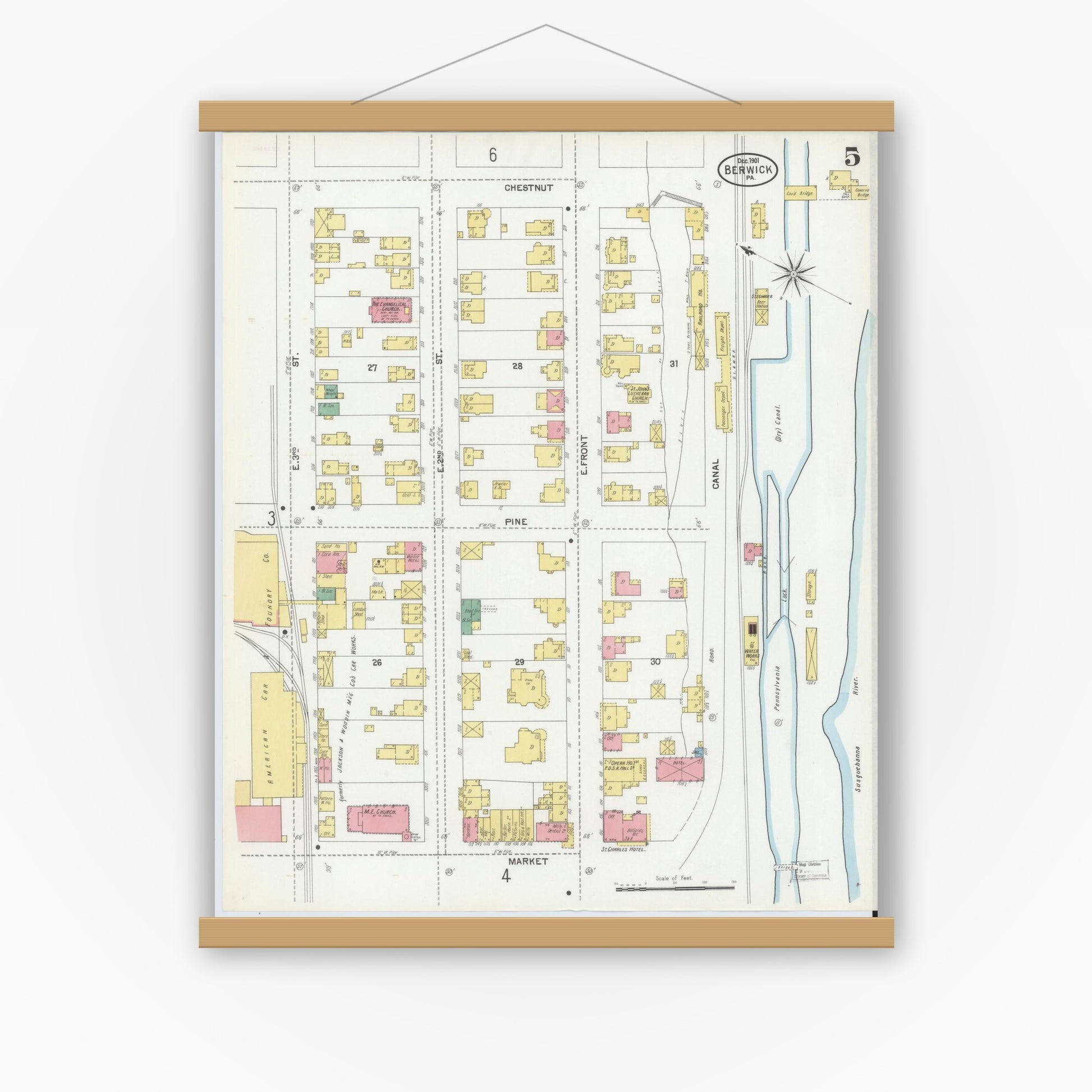 Old map wall art mockup — magnetic wood frame on white wall — Sanborn Fire Insurance Map from Berwick, Columbia County, Pennsylvania (1901), Sheet #0005