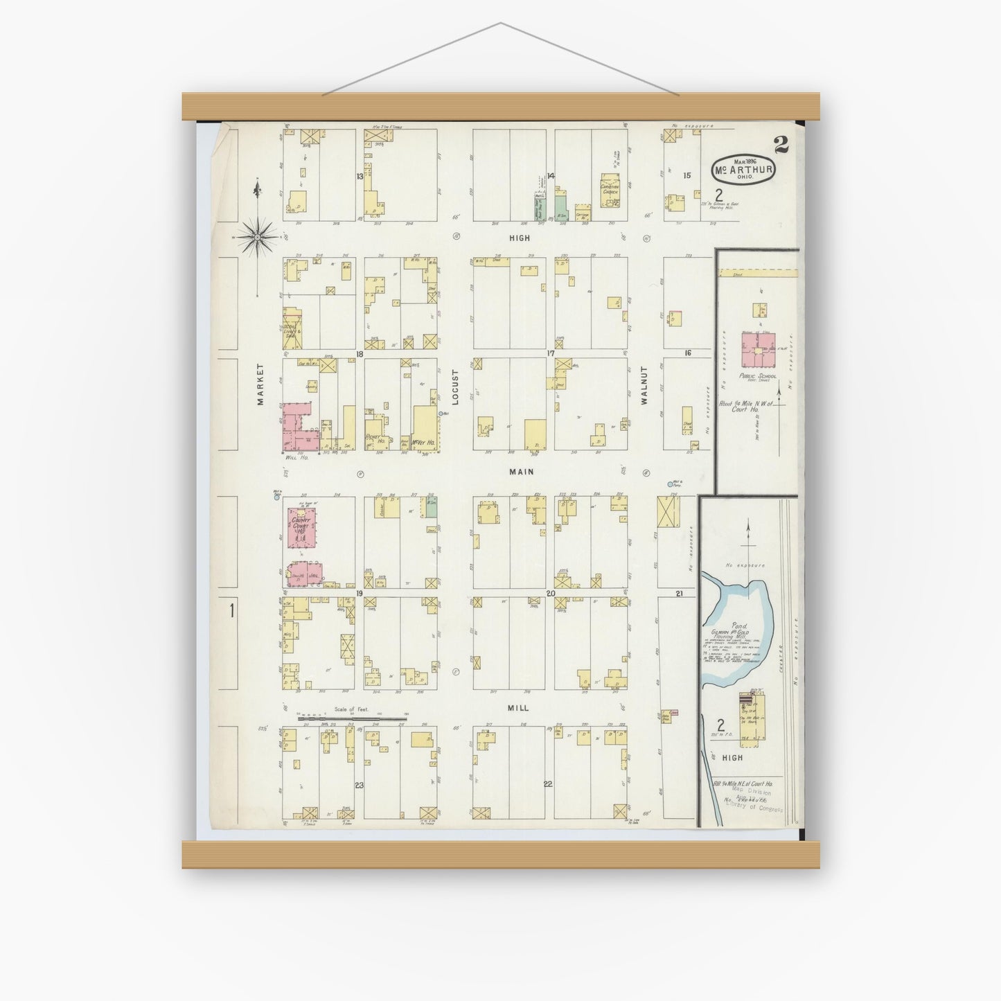 Old map wall art mockup — magnetic wood frame on white wall — Sanborn Fire Insurance Map from McArthur, Vinton County, Ohio (1896), Sheet #0002