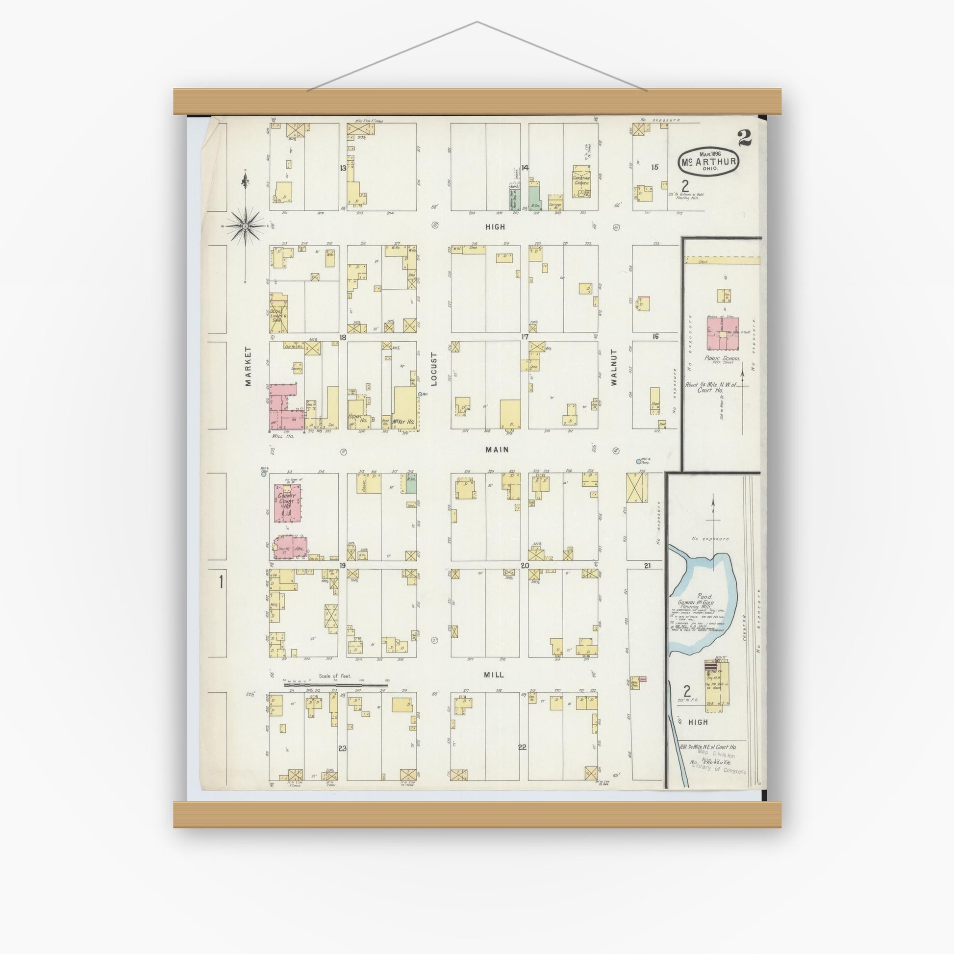 Old map wall art mockup — magnetic wood frame on white wall — Sanborn Fire Insurance Map from McArthur, Vinton County, Ohio (1896), Sheet #0002