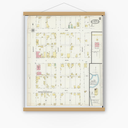 Old map wall art mockup — magnetic wood frame on white wall — Sanborn Fire Insurance Map from McArthur, Vinton County, Ohio (1896), Sheet #0002