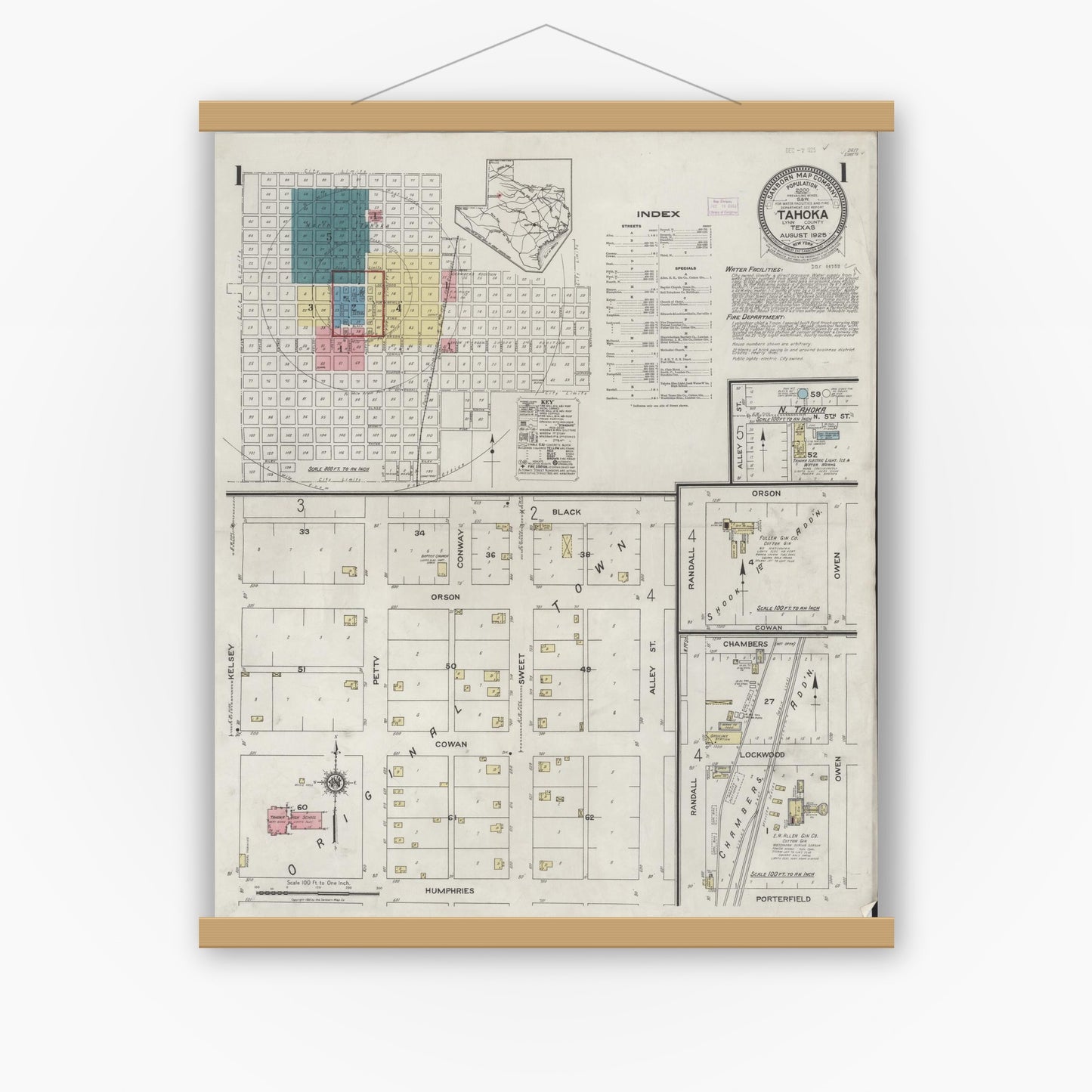 Old map wall art mockup — magnetic wood frame on white wall — Sanborn Fire Insurance Map from Tahoka, Lynn County, Texas (1925), Sheet #0001