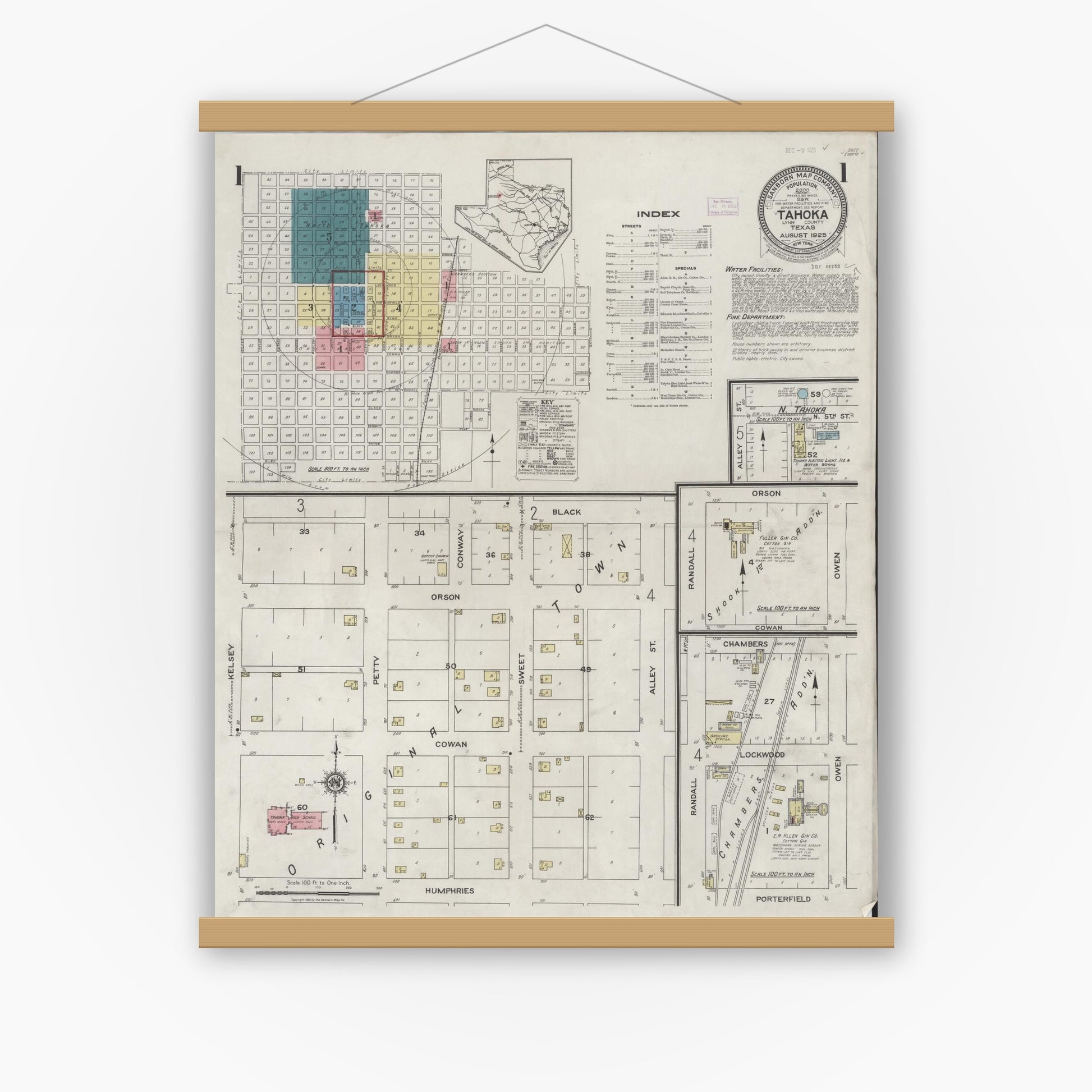 Old map wall art mockup — magnetic wood frame on white wall — Sanborn Fire Insurance Map from Tahoka, Lynn County, Texas (1925), Sheet #0001
