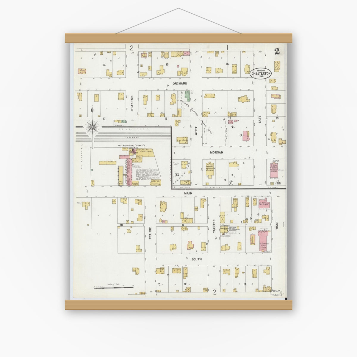 Old map wall art mockup — magnetic wood frame on white wall — Sanborn Fire Insurance Map from Chesterton, Porter County, Indiana (1899), Sheet #0002