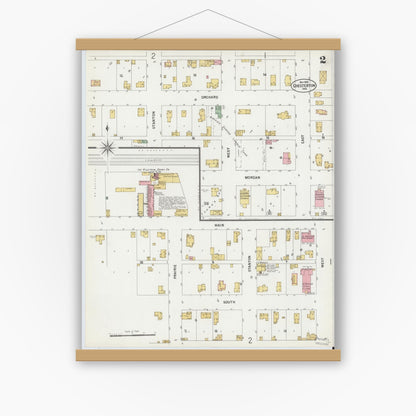 Old map wall art mockup — magnetic wood frame on white wall — Sanborn Fire Insurance Map from Chesterton, Porter County, Indiana (1899), Sheet #0002