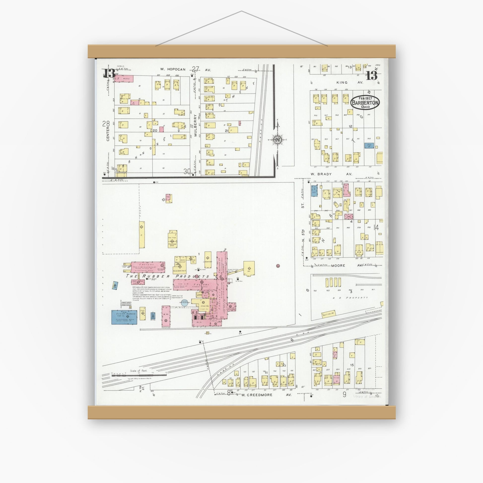Old map wall art mockup — magnetic wood frame on white wall — Sanborn Fire Insurance Map from Barberton, Summit County, Ohio (1927), Sheet #0013