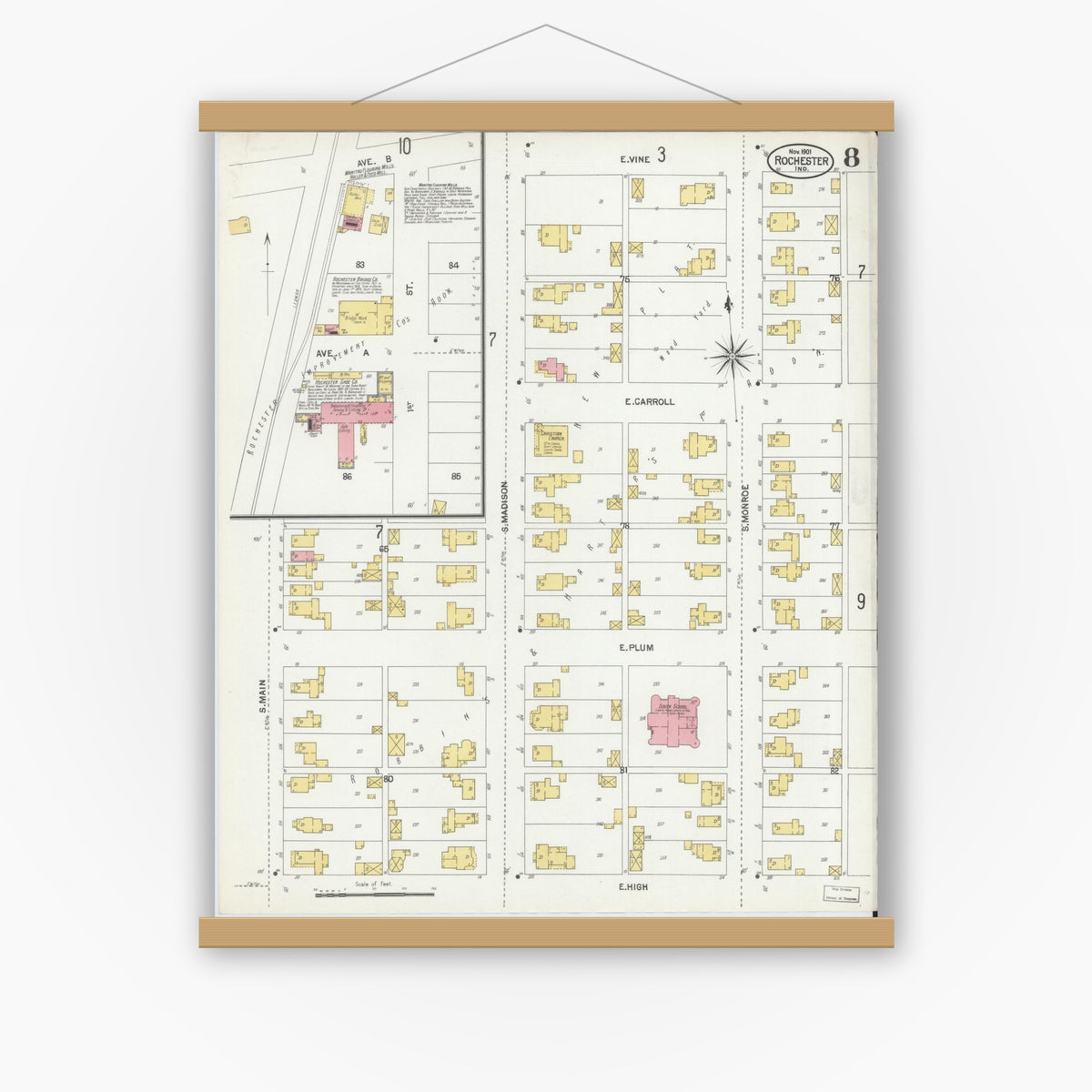 Old map wall art mockup — magnetic wood frame on white wall — Sanborn Fire Insurance Map from Rochester, Fulton County, Indiana (1901), Sheet #0008