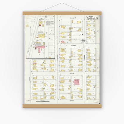 Old map wall art mockup — magnetic wood frame on white wall — Sanborn Fire Insurance Map from Rochester, Fulton County, Indiana (1901), Sheet #0008