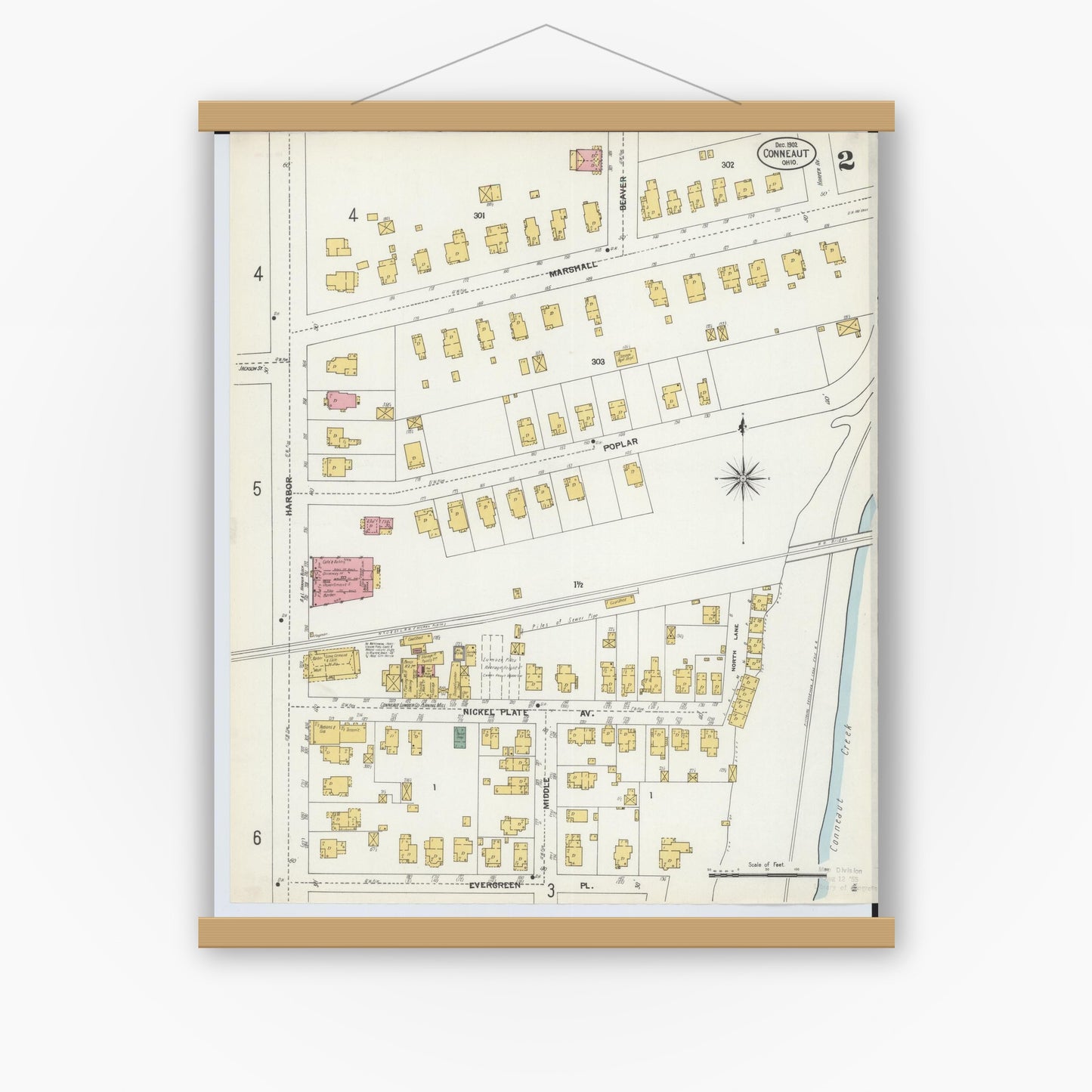 Old map wall art mockup — magnetic wood frame on white wall — Sanborn Fire Insurance Map from Conneaut, Ashtabula County, Ohio (1902), Sheet #0002