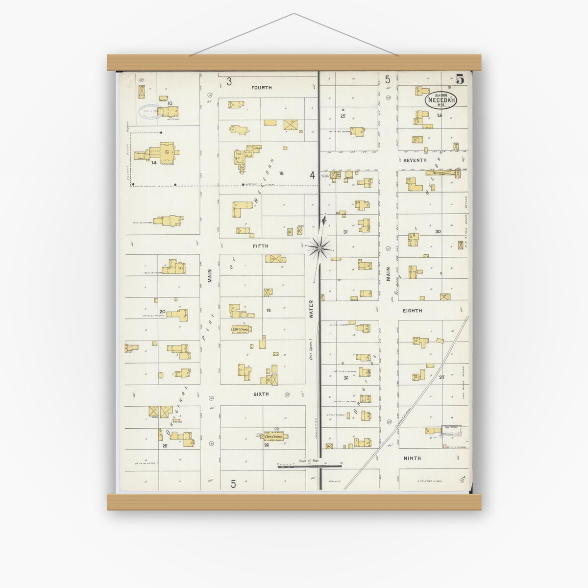 Old map wall art mockup — magnetic wood frame on white wall — Sanborn Fire Insurance Map from Necedah, Juneau County, Wisconsin (1898), Sheet #0005