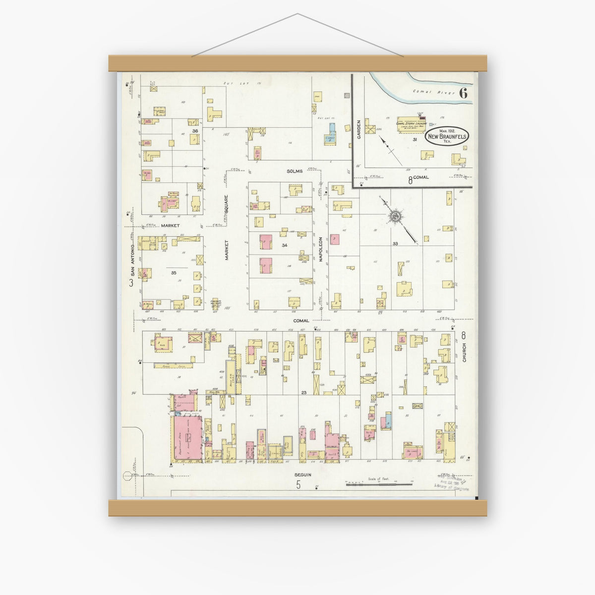 Old map wall art mockup — magnetic wood frame on white wall — Sanborn Fire Insurance Map from New Braunfels, Comal County, Texas (1912), Sheet #0006