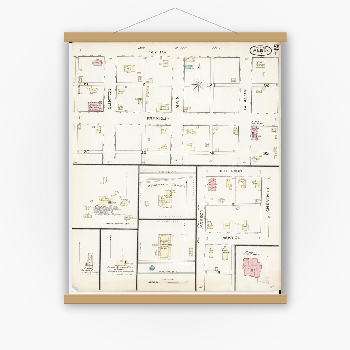 Old map wall art mockup — magnetic wood frame on white wall — Sanborn Fire Insurance Map from Albia, Monroe County, Iowa (1886), Sheet #0002