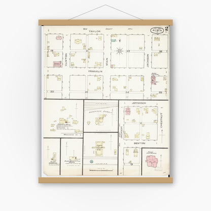 Old map wall art mockup — magnetic wood frame on white wall — Sanborn Fire Insurance Map from Albia, Monroe County, Iowa (1886), Sheet #0002