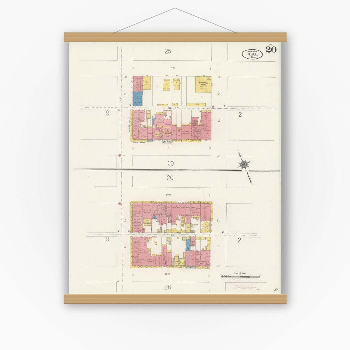 Old map wall art mockup — magnetic wood frame on white wall — Sanborn Fire Insurance Map from Merced, Merced County, California (1922), Sheet #0020