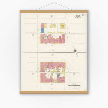 Old map wall art mockup — magnetic wood frame on white wall — Sanborn Fire Insurance Map from Merced, Merced County, California (1922), Sheet #0020