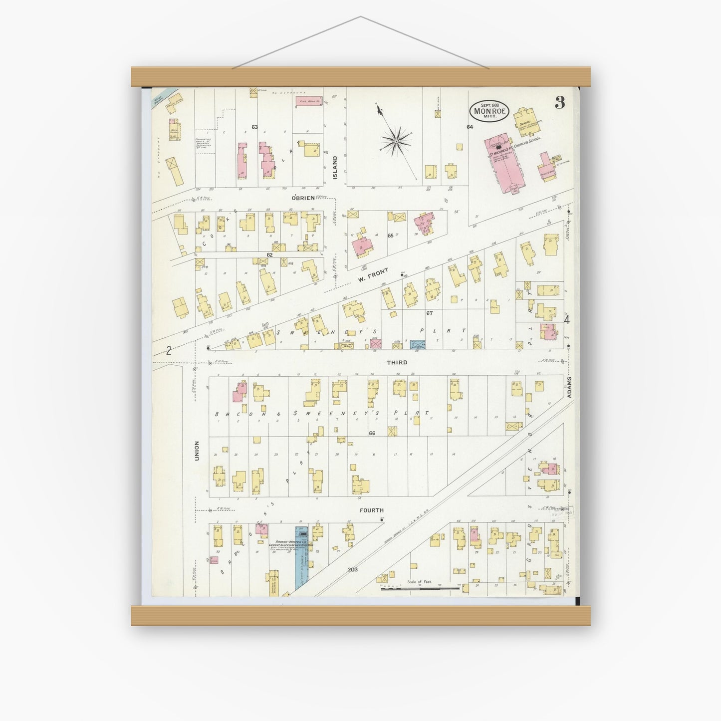 Old map wall art mockup — magnetic wood frame on white wall — Sanborn Fire Insurance Map from Monroe, Monroe County, Michigan (1908), Sheet #0003