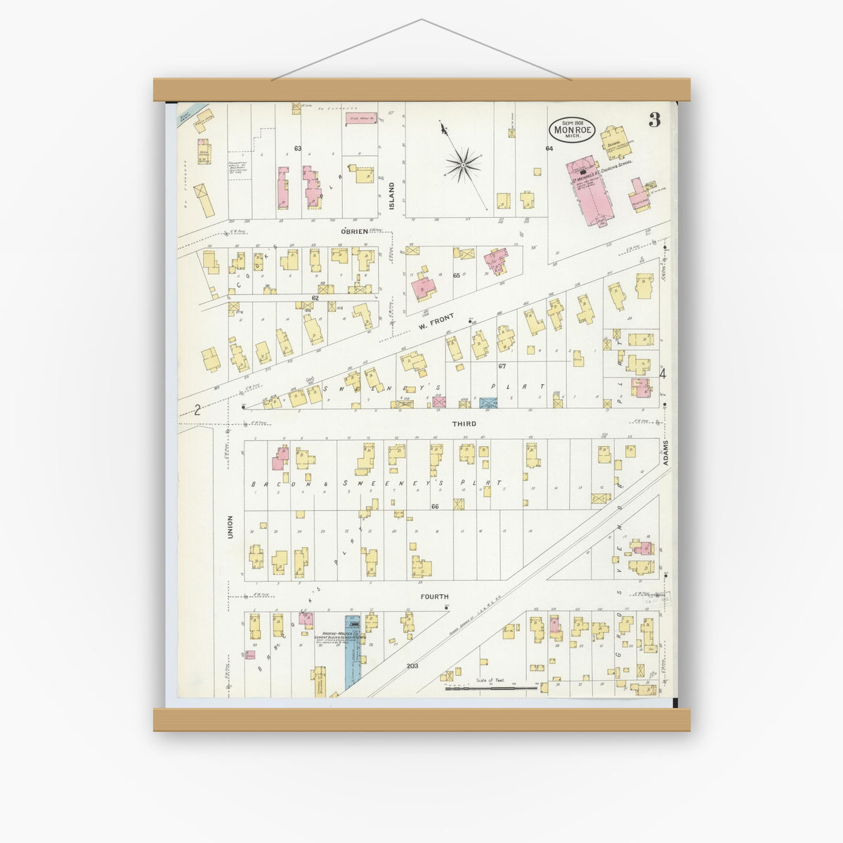 Old map wall art mockup — magnetic wood frame on white wall — Sanborn Fire Insurance Map from Monroe, Monroe County, Michigan (1908), Sheet #0003